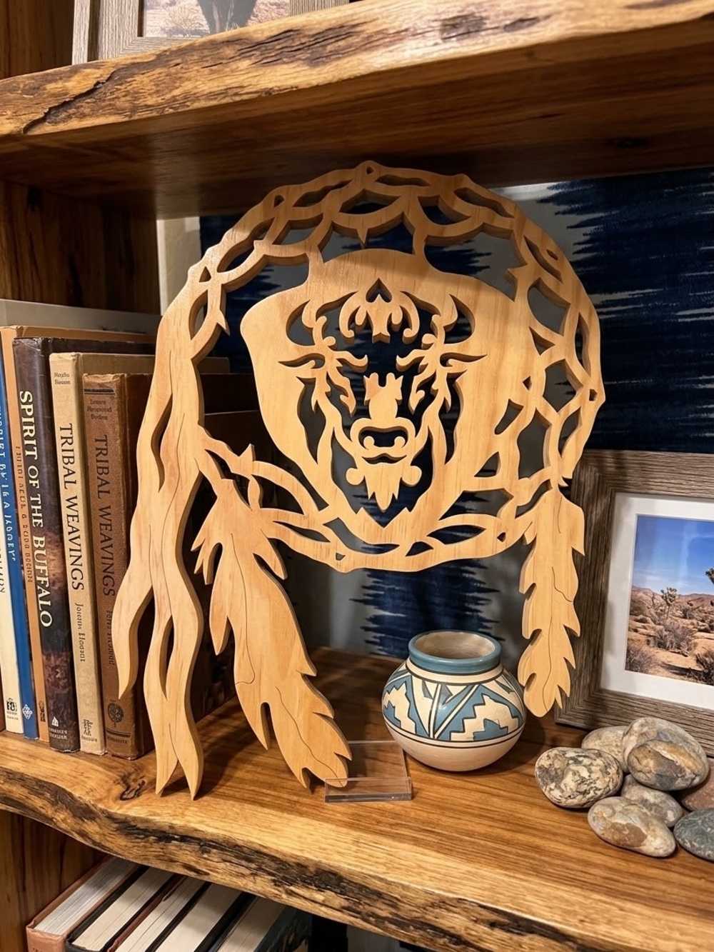 Wood Cutout Buffalo Head Dreamcatcher Wall Hanging Decor w/ Feathers, 10 x 14